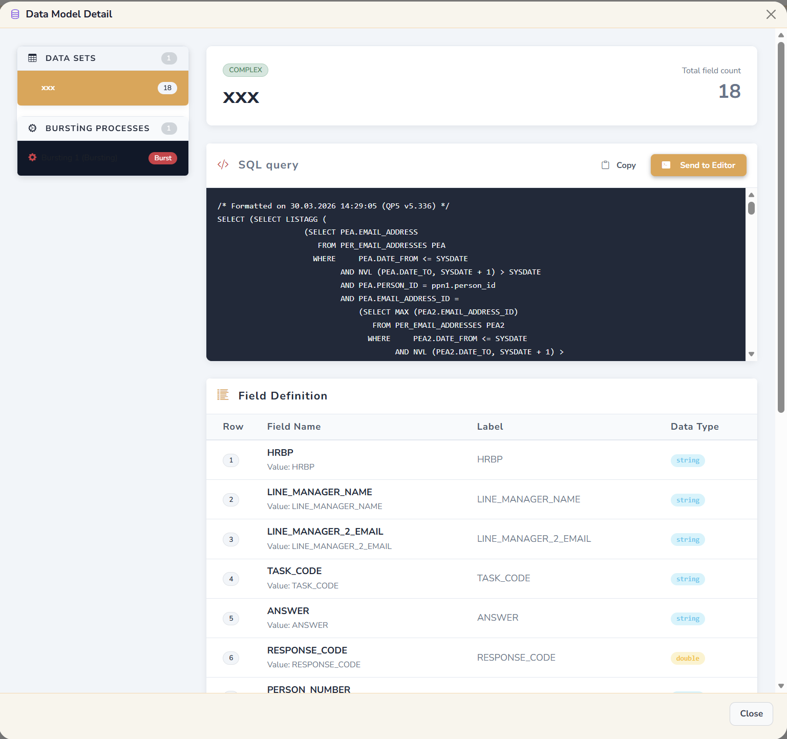 FusionLens Catalog Manager data model detail with SQL datasets and field definitions