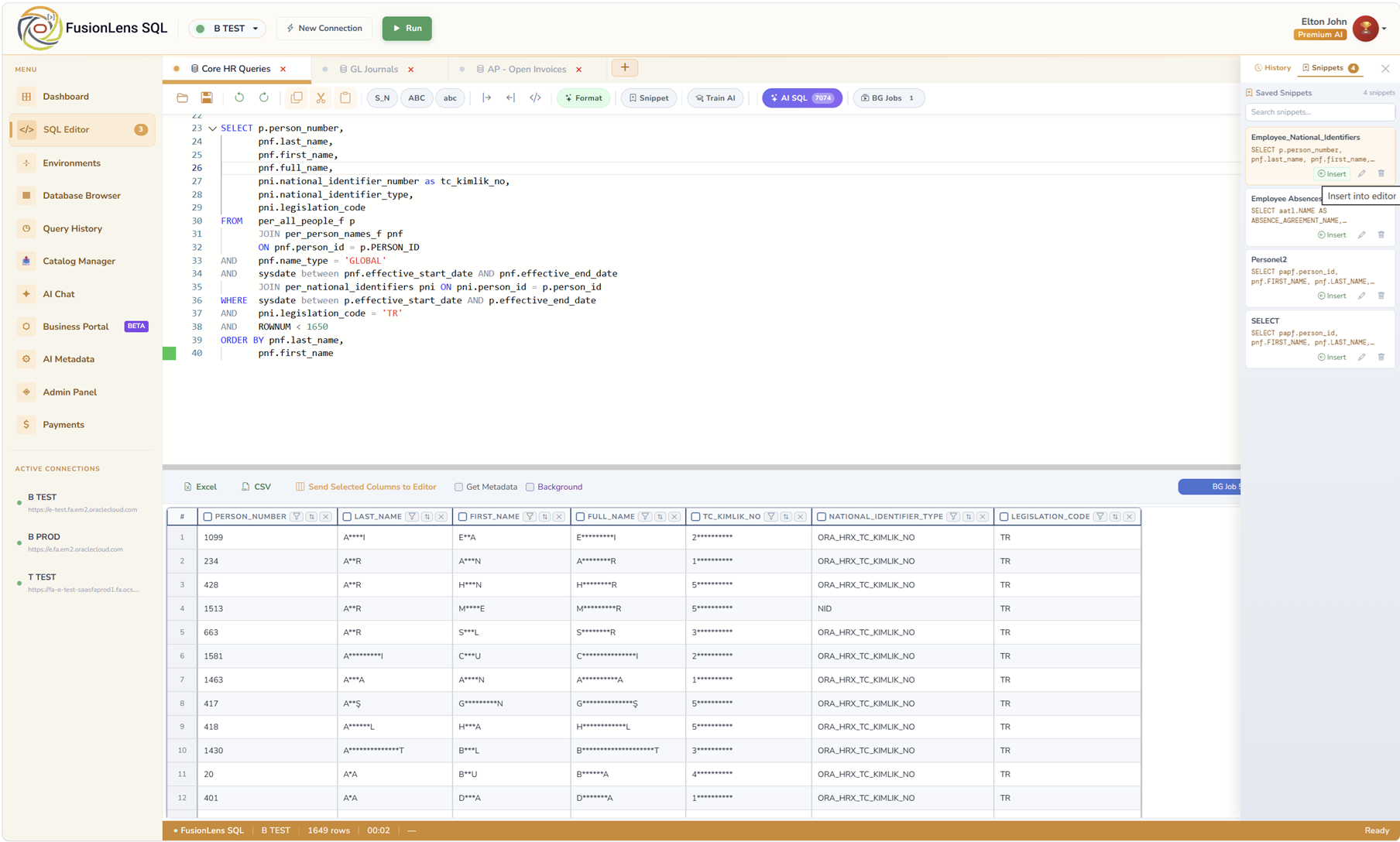FusionLens SQL Editor snippet library and saved queries