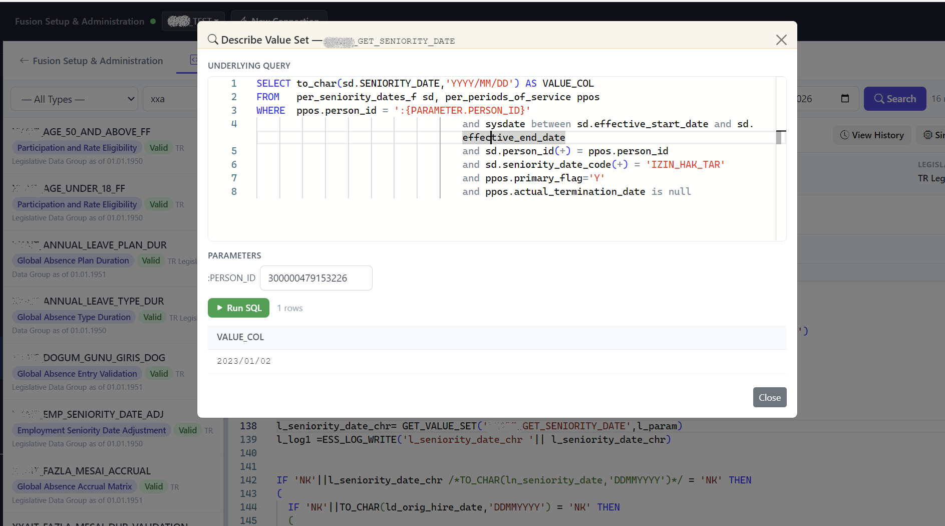 FusionLens Desktop Fast Formula editor describing a Value Set with its underlying query and live result