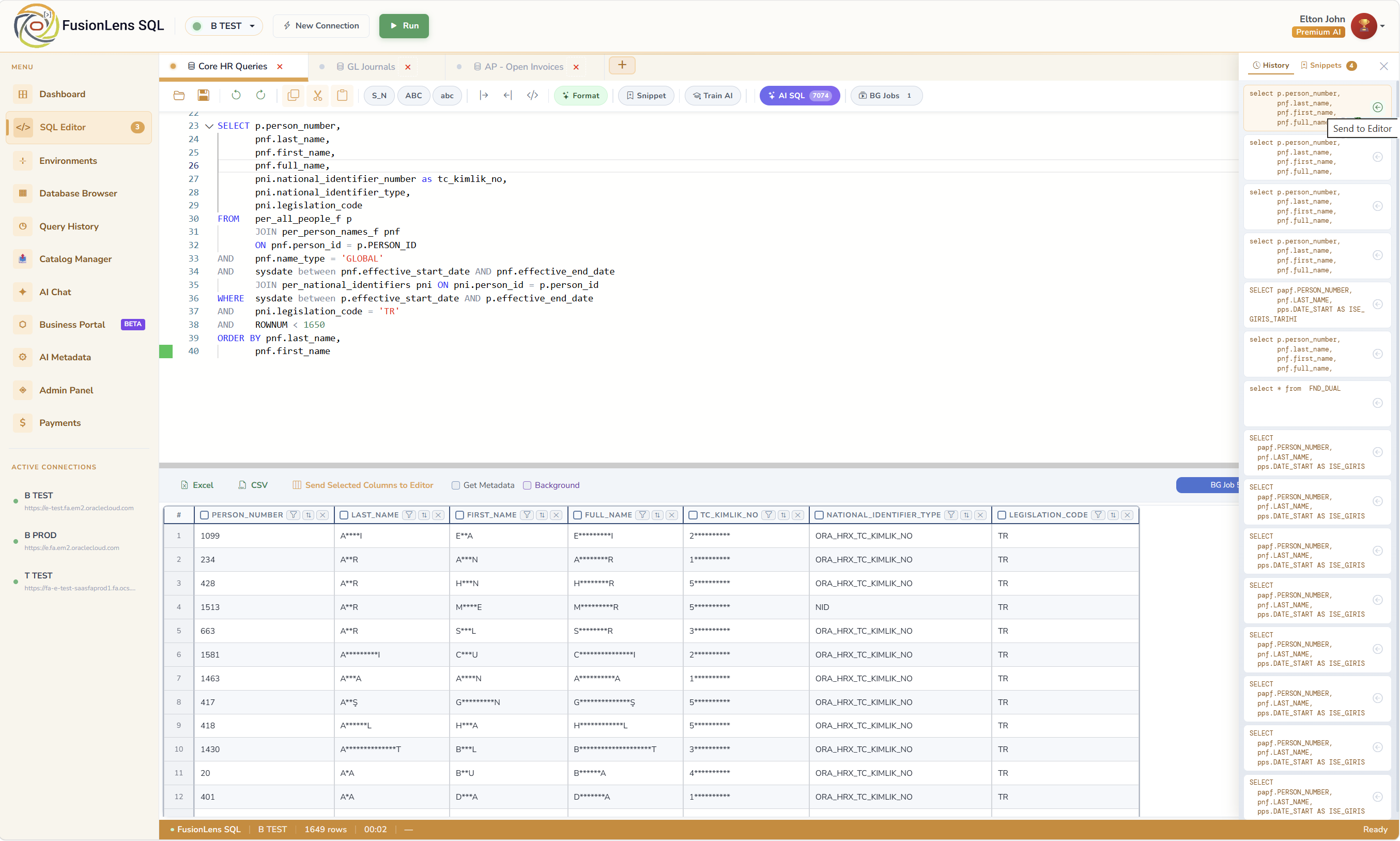 FusionLens Query History last 15 queries quick access panel
